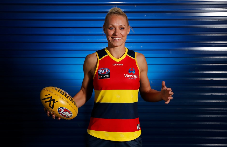 AFLW 2019 Portraits - Adelaide Crows ADELAIDE, AUSTRALIA - NOVEMBER 30: Erin Phillips poses for a photograph during the Adelaide Crows AFLW 2019 official team photo day at AAMI Stadium on November 30, 2018 in Adelaide, Australia. (Photo by Michael Willson/AFL Media)